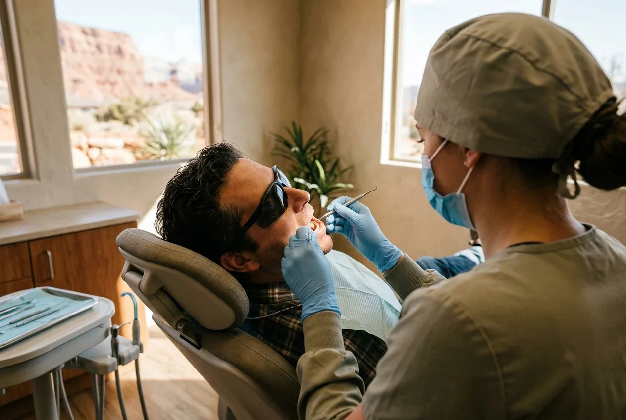 A dental professional examines the teeth of a patient reclining in a dental chair.