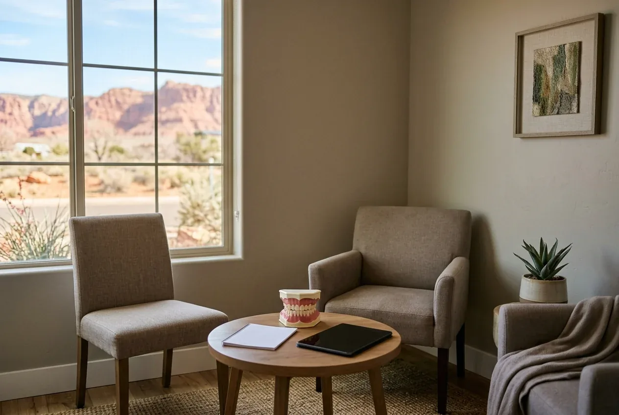 Armchairs around a table with a dental teeth model next to a window with red rock views.