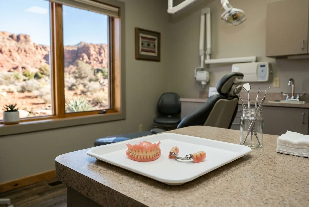 Full and partial dentures on a tray in a dental exam room overlooking red rock cliffs.