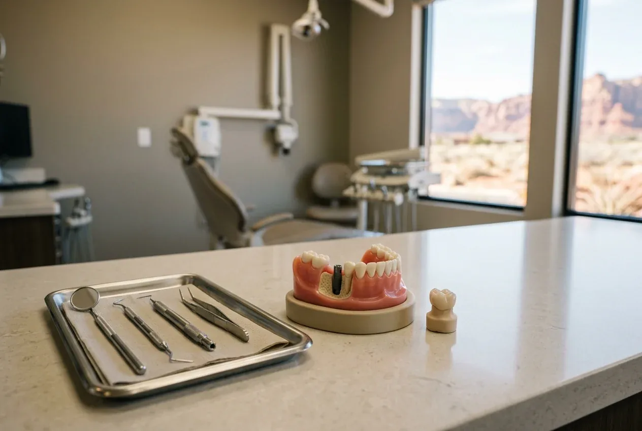 Dental implant model and instrument tray on a counter with an examination chair in the background.