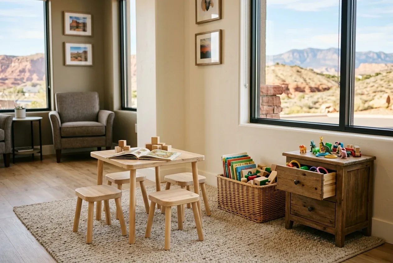 Children's play area with a wooden table, stools, books, and toys by a window overlooking desert hills.