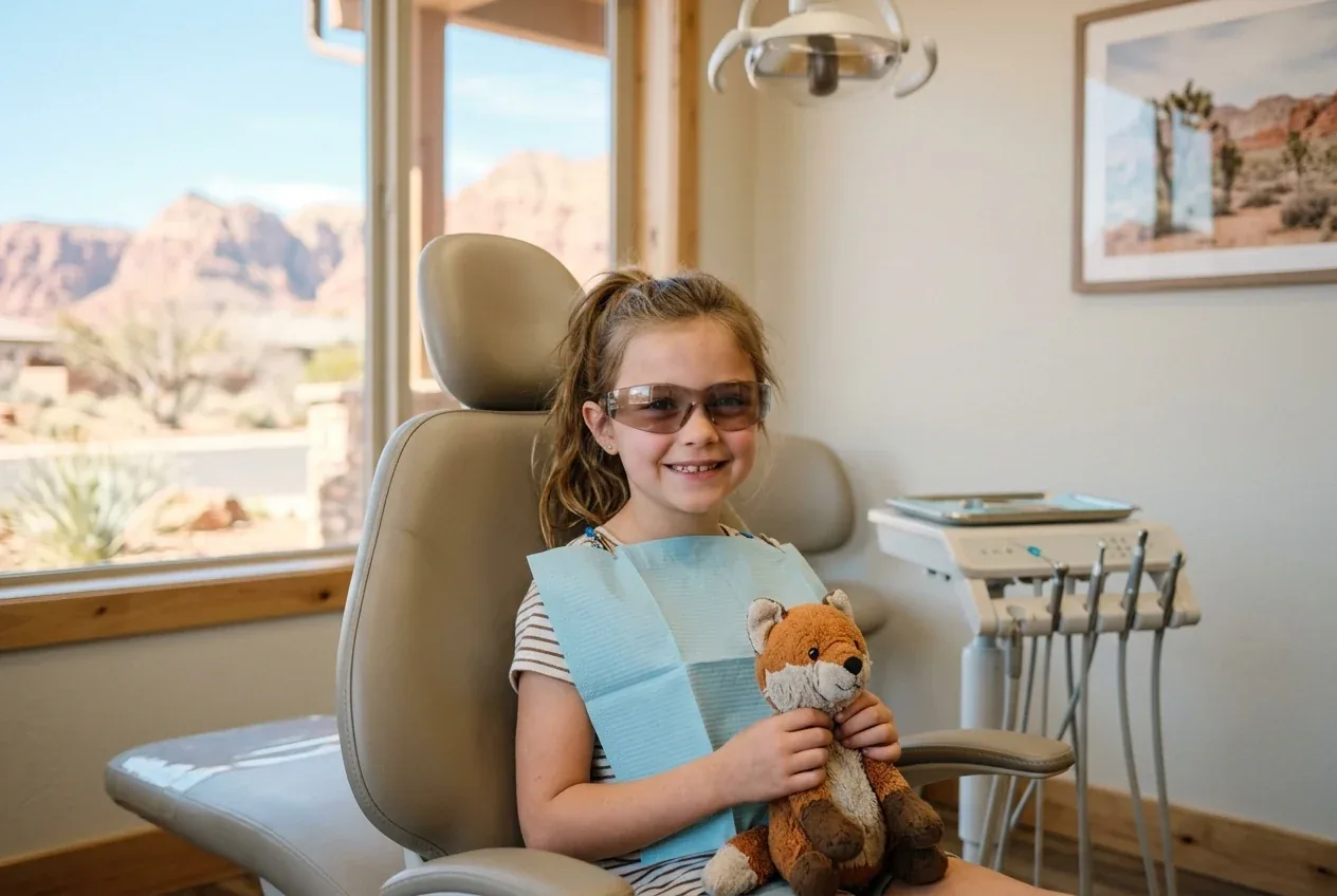 A patient wearing safety glasses sits in a dental chair holding a stuffed fox.